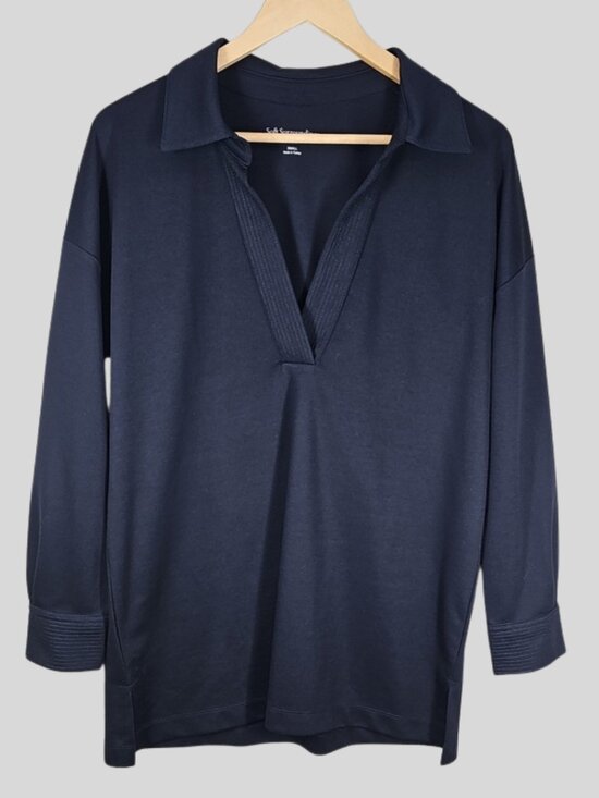 Soft Surroundings Tops - Soft Surroundings Ribbed Cuff Collar Pullover Tunic S Navy Polo Coastal Travel
